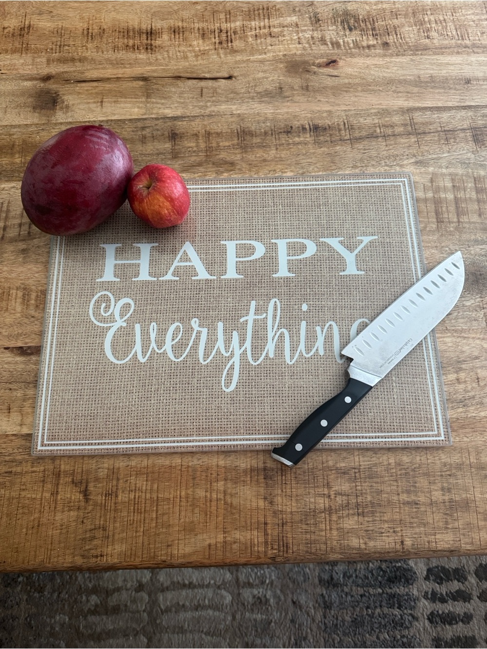 "Happy Everything” Decorative Tempered Glass cutting Board Burlap Design NEW